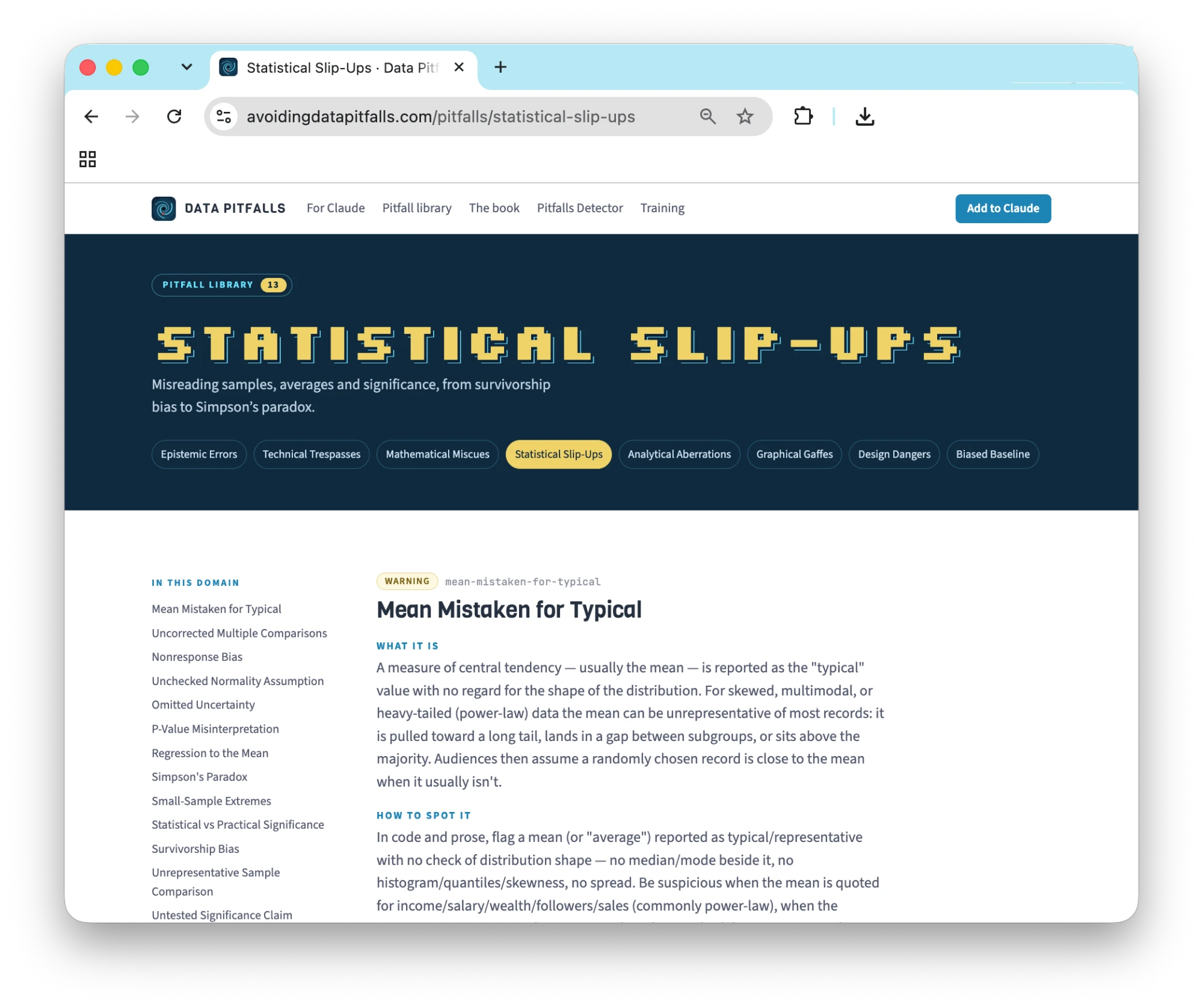 The Statistical Slip-Ups page in the pitfall library on avoidingdatapitfalls.com, showing the Mean Mistaken for Typical entry.
